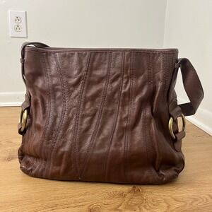 VTG Kenneth Cole Large Brown Leather Hobo Bag Gold Tone Ring Shoulder Bag